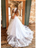 Beaded White Lace Tulle V Back Romantic Flower Girl Dress